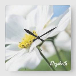 Relógio Quadrado Desejos com margaridas brancas personalizadas