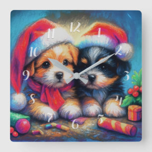 Relógio Quadrado Desenho a Giz Dois Cachorrinhos Fofos com Chapéus 