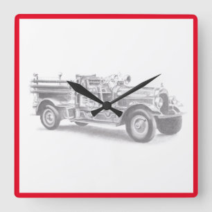 Relógio Quadrado desenho a lápis de caminhão de bombeiros vintage