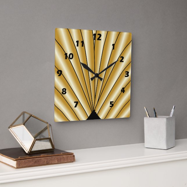 Relógio Quadrado Desenho Art Déco Dourado (Escritório)