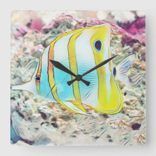 Relógio Quadrado Desenho da Vintagem de Peixe Amarelo Azul no Mar L