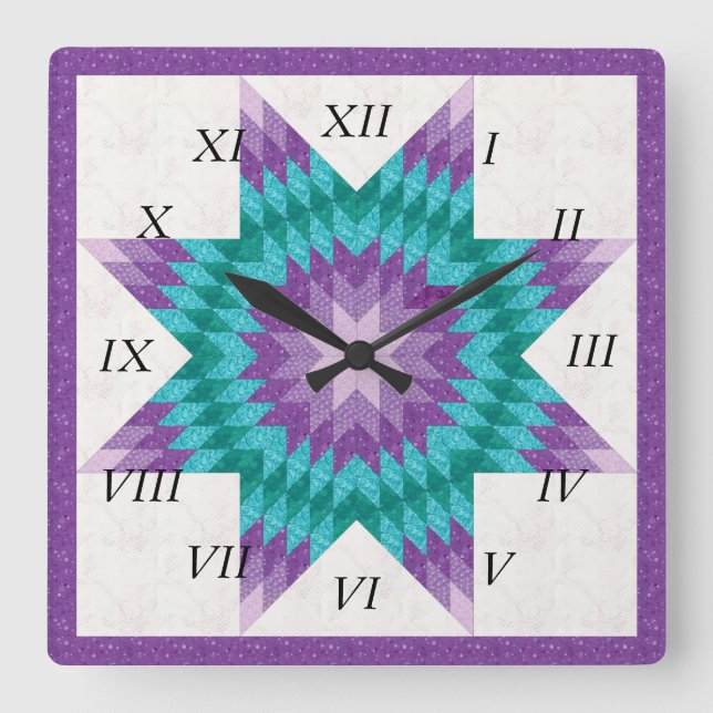 Relógio Quadrado Desenho de Colcha Lone Star Roxo (Frente)