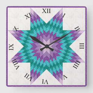 Relógio Quadrado Desenho de Colcha Lone Star Roxo e Turquesa