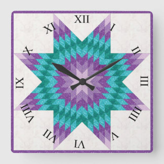 Relógio Quadrado Desenho de Colcha Lone Star Roxo e Turquesa