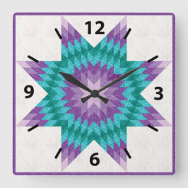 Relógio Quadrado Desenho de Colcha Lone Star Roxo e Turquesa