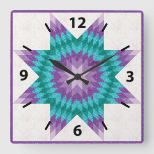Relógio Quadrado Desenho de Colcha Lone Star Roxo e Turquesa