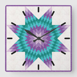 Relógio Quadrado Desenho de Colcha Lone Star Roxo e Turquesa