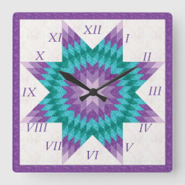 Relógio Quadrado Desenho de Colcha Lone Star Roxo e Turquesa