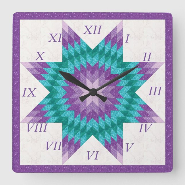 Relógio Quadrado Desenho de Colcha Lone Star Roxo e Turquesa (Frente)