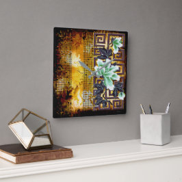 Relógio Quadrado Desenho de Flor Asiática Desgastado em Art Déco Vi