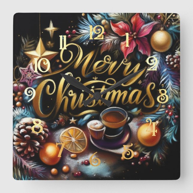 Relógio Quadrado Desenho de Pastel de um Whimsical de Natal (Frente)