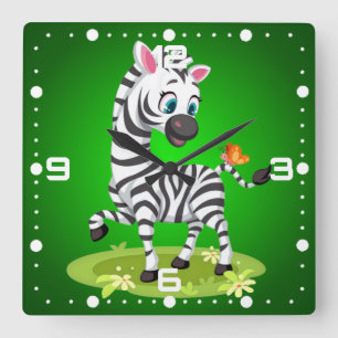 Relógio Quadrado Desenho de Zebra Bebê Brincando com Borboleta