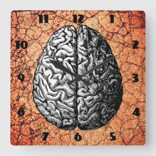 RELÓGIO QUADRADO DESENHO DO CÉREBRO DO VINTAGE