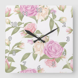 Relógio Quadrado Desenho Floral Cor-de-Rosa