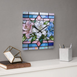 Relógio Quadrado Desenho Floral de Lírio em Vidro Pintado Elegante 