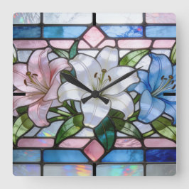 Relógio Quadrado Desenho Floral de Lírio em Vidro Pintado Elegante 
