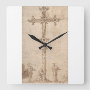 Relógio Quadrado Desenho para um Crucifixo com a Virgem Maria
