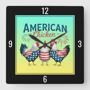 Relógio Quadrado Desenho Patriótico Americano de Frango de 4 de Jul