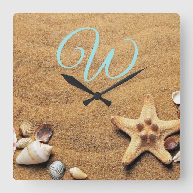 Relógio Quadrado Desenho Vintage de Conchas na Areia   (Frente)