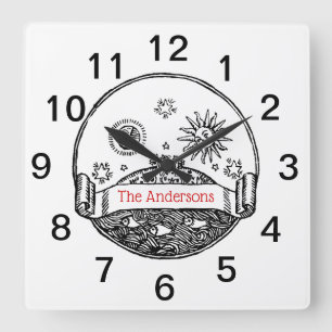 Relógio Quadrado Desenho Vintage Sol Lua Estrelas Oceano Planeta Te