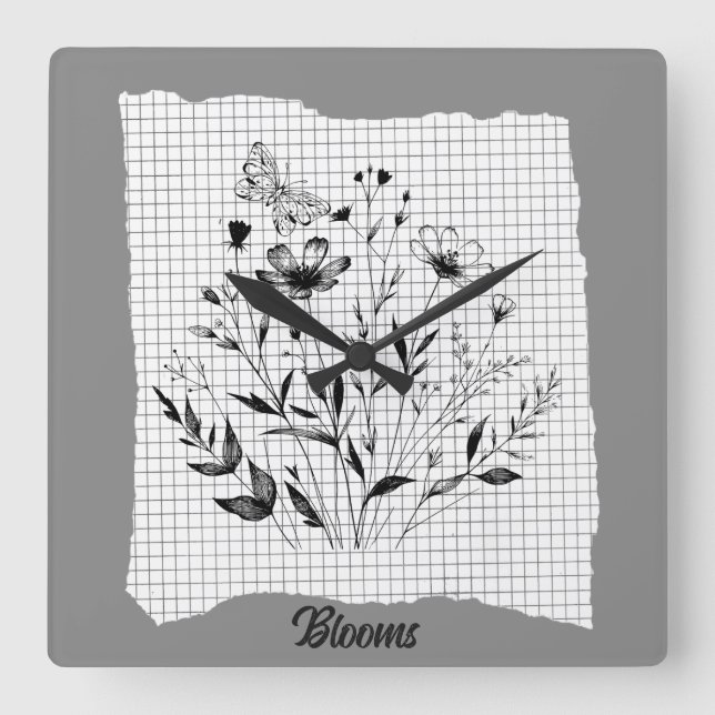 Relógio Quadrado Desenhos do Jardim da Borboleta (Frente)