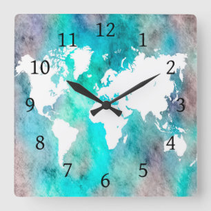 Relógio Quadrado Design 62 mapa mundial de aqua turquoise