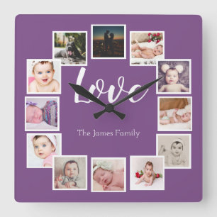 Relógio Quadrado Design a 12 Colagem de Fotos Púrpura Personalizad
