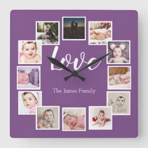 Relógio Quadrado Design a 12 Colagem de Fotos Púrpura Personalizada