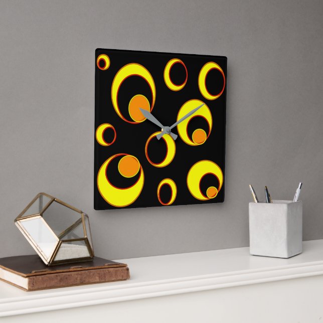 Relógio Quadrado Design abstrato moderno, círculos amarelos em pret (Escritório)