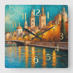 Relógio Quadrado Design Abstrato Moderno Laranja Azul Dourado Europ