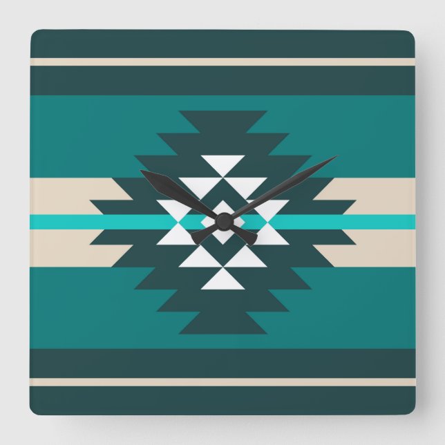 Relógio Quadrado Design asteca de cor turquesa (Frente)