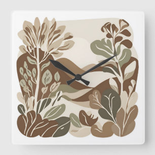 Relógio Quadrado Design Boho Eclético Flor Silvestre Terracota Rúst