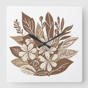 Relógio Quadrado Design Boho Eclético Flor Silvestre Terracota Rúst