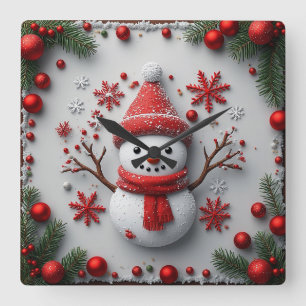 Relógio Quadrado Design de Boneco de Neve Festivo com Decorações de