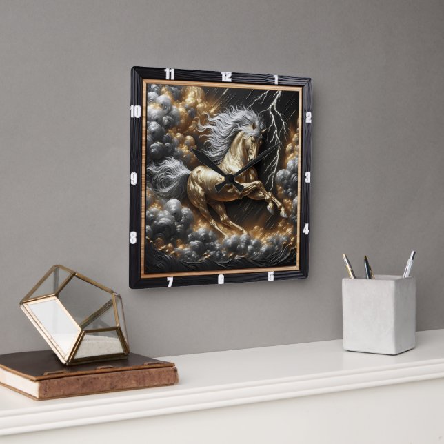 Relógio Quadrado Design de Cavalo Percheron: Rua Dourada Personaliz (Escritório)