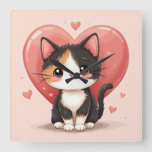 Relógio Quadrado Design de Dia dos Namorados com Gato Calico Kawaii