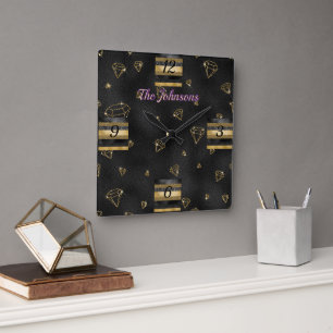Relógio Quadrado Design de Diamante Preto e Dourado Elegante