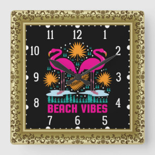 Relógio Quadrado Design de Flamingos Rosa Vibes de Praia