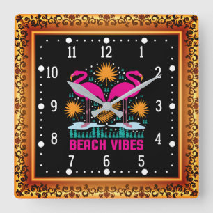 Relógio Quadrado Design de Flamingos Rosa Vibes de Praia