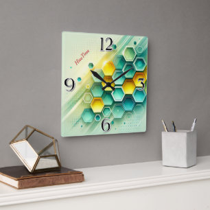 Relógio Quadrado Design de Hexágono Personalizável HiveTime   Relóg