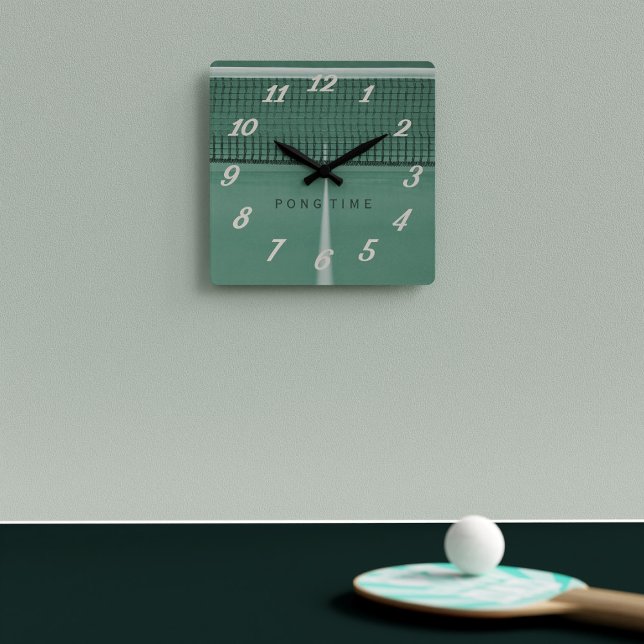 Relógio Quadrado Design de Mesa Verde de Ping Time (It's always time for ping pong! Pop this clock on your wall and you'll always know it's time to play)