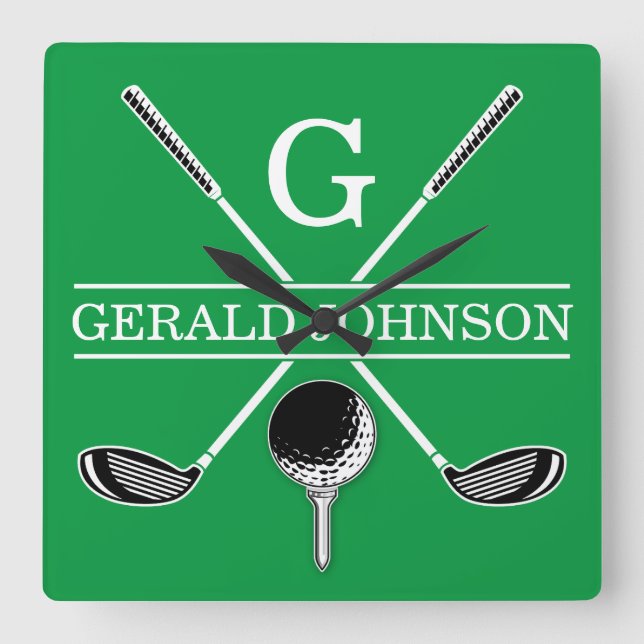 Relógio Quadrado Design de Monograma de Golfe Elegante (Frente)