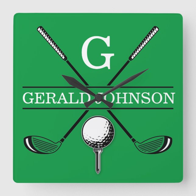 Relógio Quadrado Design de Monograma de Golfe Elegante (Frente)