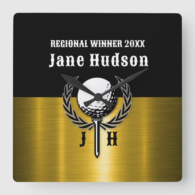 Relógio Quadrado Design de Monograma Personalizado Dourado Bruto (Frente)