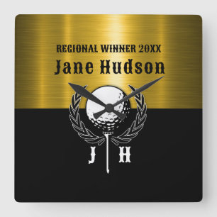 Relógio Quadrado Design de Monograma Personalizado Dourado Bruto