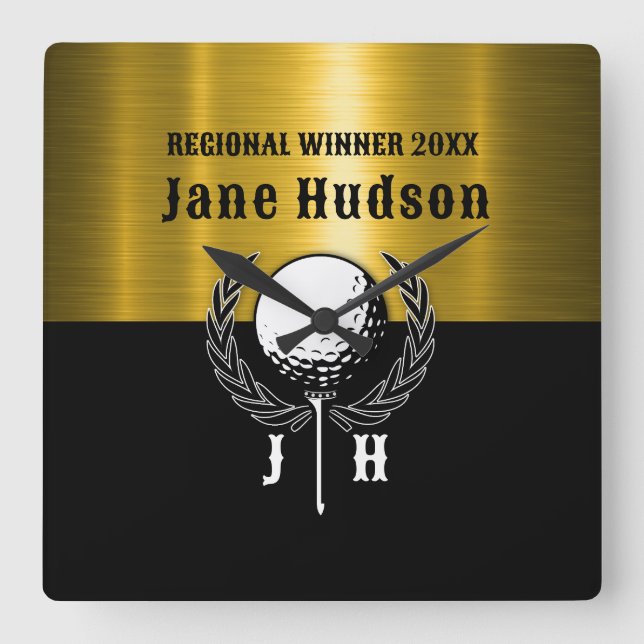 Relógio Quadrado Design de Monograma Personalizado Dourado Bruto (Frente)