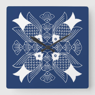 Relógio Quadrado Design de Peixes Submarinos com Fundo Azul