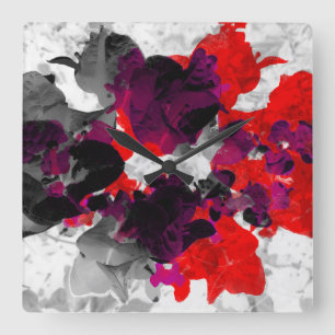 Relógio Quadrado Design floral abstrato - vermelho e roxo sobre o