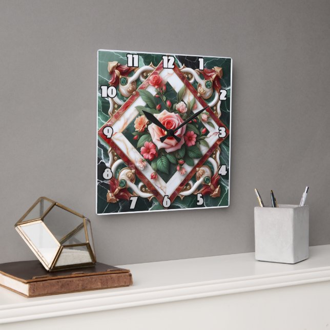 Relógio Quadrado Design Floral Elegante Com Rosa Pintado (Escritório)