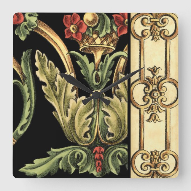 Relógio Quadrado Design Floral Oral com Fronteiras Negras (Frente)
